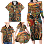 Australian Aboriginal Art Kangaroo Family Matching Long Sleeve Bodycon Dress and Hawaiian Shirt Looking Forward Looking Blak Aboriginal Dot Painting