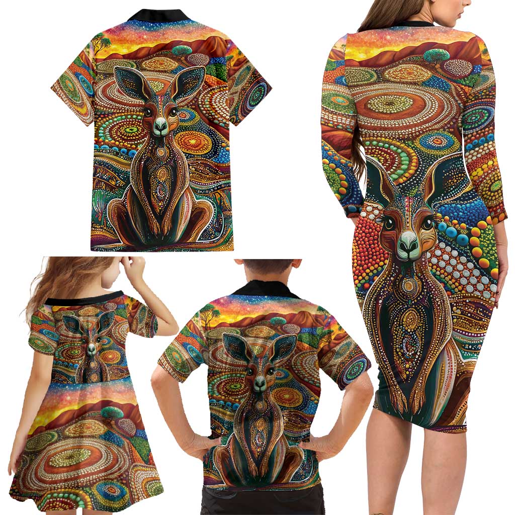 Australian Aboriginal Art Kangaroo Family Matching Long Sleeve Bodycon Dress and Hawaiian Shirt Looking Forward Looking Blak Aboriginal Dot Painting