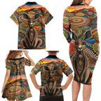 Australian Aboriginal Art Kangaroo Family Matching Long Sleeve Bodycon Dress and Hawaiian Shirt Looking Forward Looking Blak Aboriginal Dot Painting