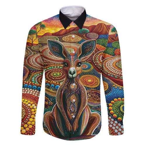 Australian Aboriginal Art Kangaroo Family Matching Long Sleeve Bodycon Dress and Hawaiian Shirt Looking Forward Looking Blak Aboriginal Dot Painting