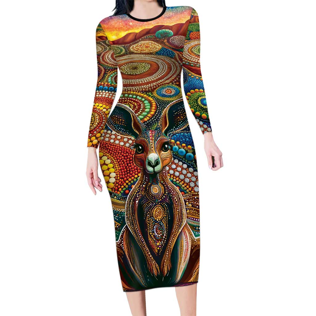 Australian Aboriginal Art Kangaroo Family Matching Long Sleeve Bodycon Dress and Hawaiian Shirt Looking Forward Looking Blak Aboriginal Dot Painting