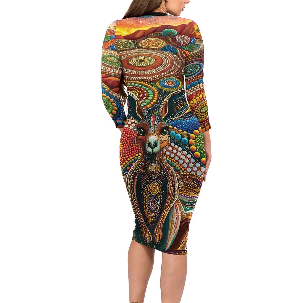 Australian Aboriginal Art Kangaroo Family Matching Long Sleeve Bodycon Dress and Hawaiian Shirt Looking Forward Looking Blak Aboriginal Dot Painting