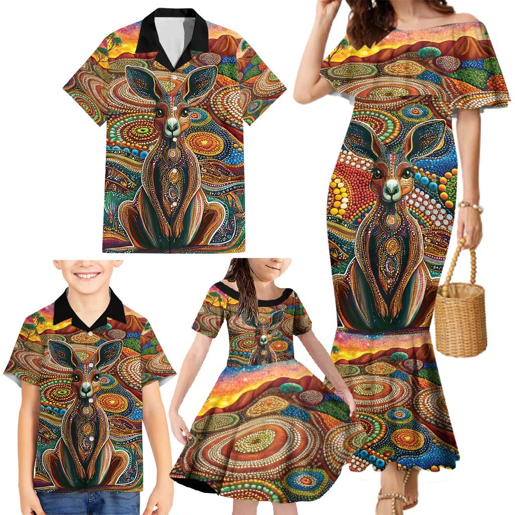 Australian Aboriginal Art Kangaroo Family Matching Mermaid Dress and Hawaiian Shirt Looking Forward Looking Blak Aboriginal Dot Painting