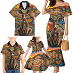 Australian Aboriginal Art Kangaroo Family Matching Mermaid Dress and Hawaiian Shirt Looking Forward Looking Blak Aboriginal Dot Painting