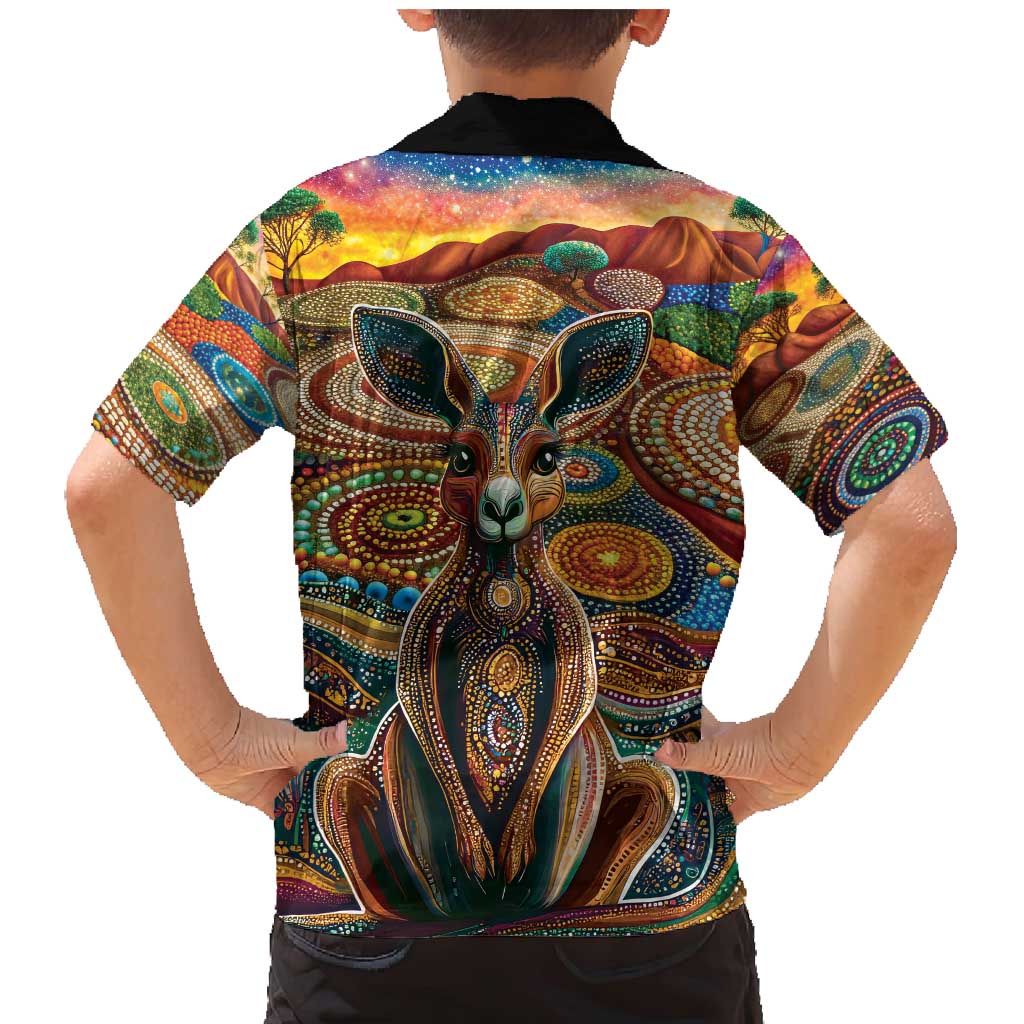 Australian Aboriginal Art Kangaroo Family Matching Mermaid Dress and Hawaiian Shirt Looking Forward Looking Blak Aboriginal Dot Painting