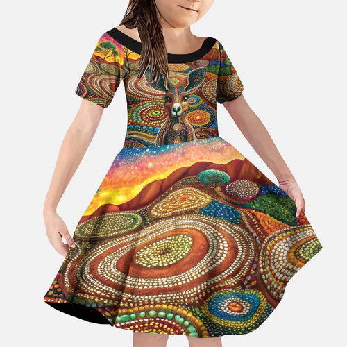Australian Aboriginal Art Kangaroo Family Matching Mermaid Dress and Hawaiian Shirt Looking Forward Looking Blak Aboriginal Dot Painting