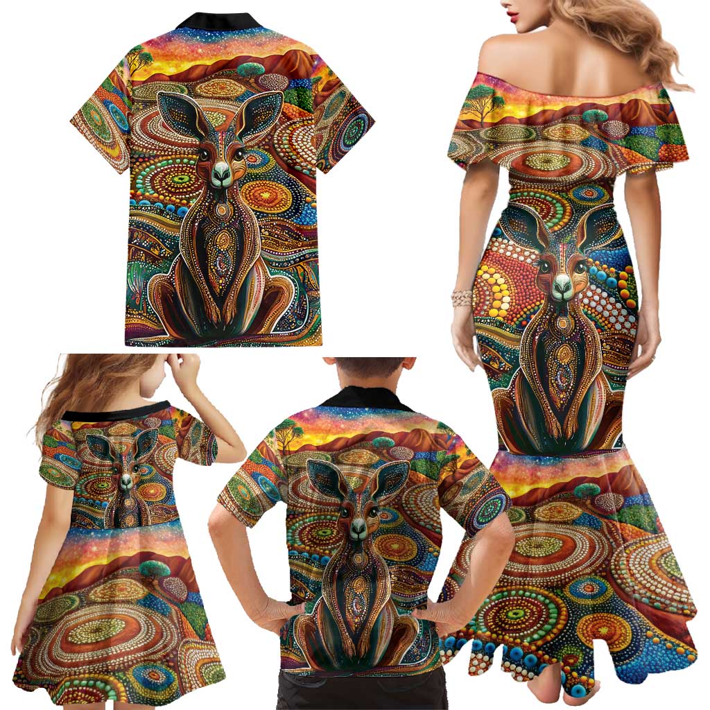 Australian Aboriginal Art Kangaroo Family Matching Mermaid Dress and Hawaiian Shirt Looking Forward Looking Blak Aboriginal Dot Painting