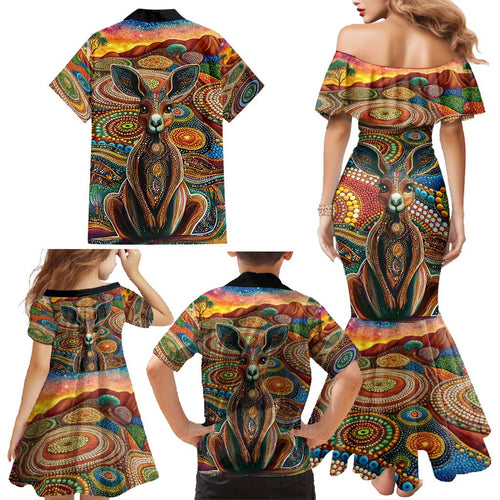 Australian Aboriginal Art Kangaroo Family Matching Mermaid Dress and Hawaiian Shirt Looking Forward Looking Blak Aboriginal Dot Painting