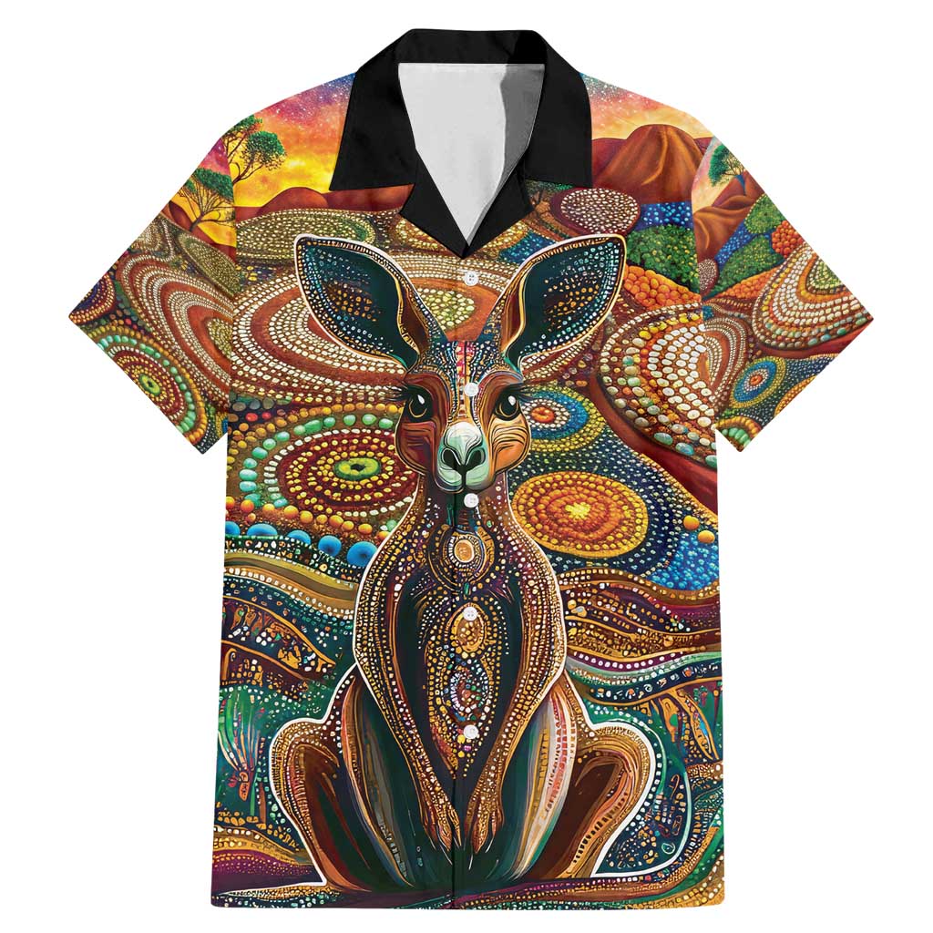 Australian Aboriginal Art Kangaroo Family Matching Mermaid Dress and Hawaiian Shirt Looking Forward Looking Blak Aboriginal Dot Painting