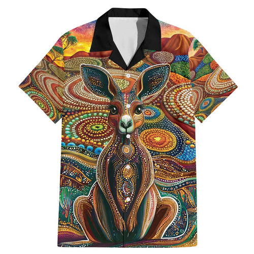 Australian Aboriginal Art Kangaroo Family Matching Mermaid Dress and Hawaiian Shirt Looking Forward Looking Blak Aboriginal Dot Painting