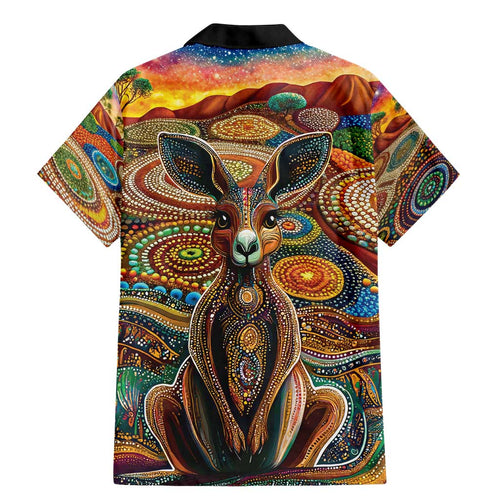 Australian Aboriginal Art Kangaroo Family Matching Mermaid Dress and Hawaiian Shirt Looking Forward Looking Blak Aboriginal Dot Painting
