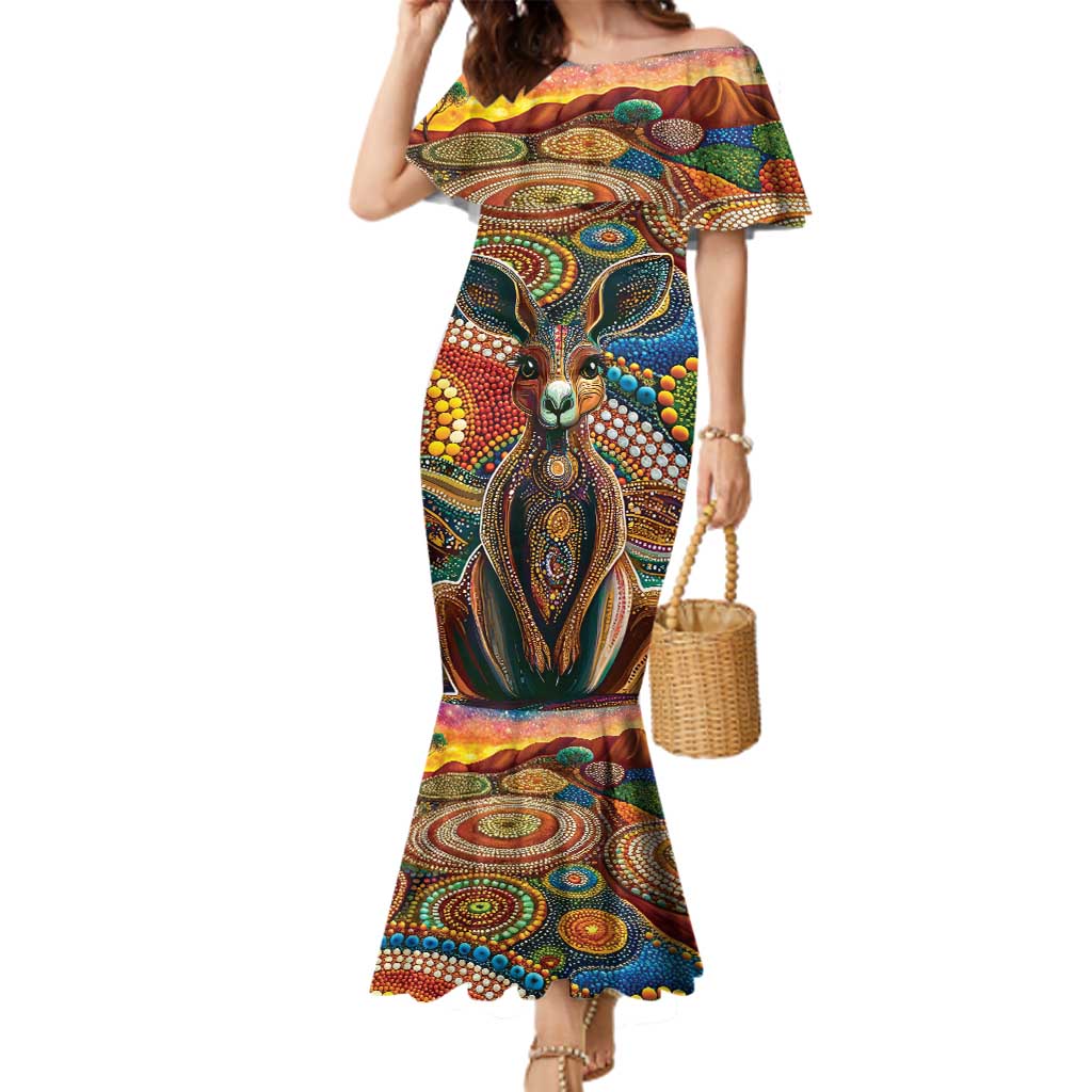Australian Aboriginal Art Kangaroo Family Matching Mermaid Dress and Hawaiian Shirt Looking Forward Looking Blak Aboriginal Dot Painting