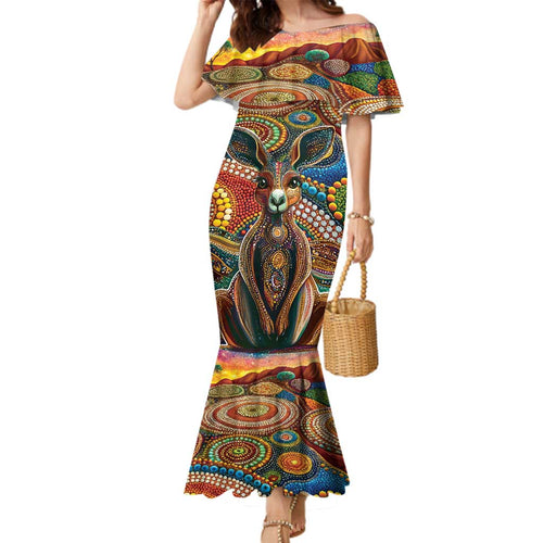 Australian Aboriginal Art Kangaroo Family Matching Mermaid Dress and Hawaiian Shirt Looking Forward Looking Blak Aboriginal Dot Painting