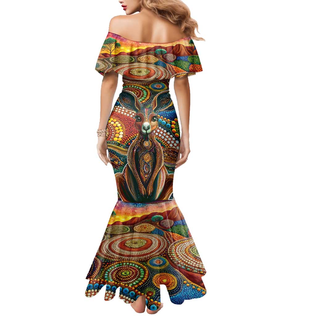 Australian Aboriginal Art Kangaroo Family Matching Mermaid Dress and Hawaiian Shirt Looking Forward Looking Blak Aboriginal Dot Painting