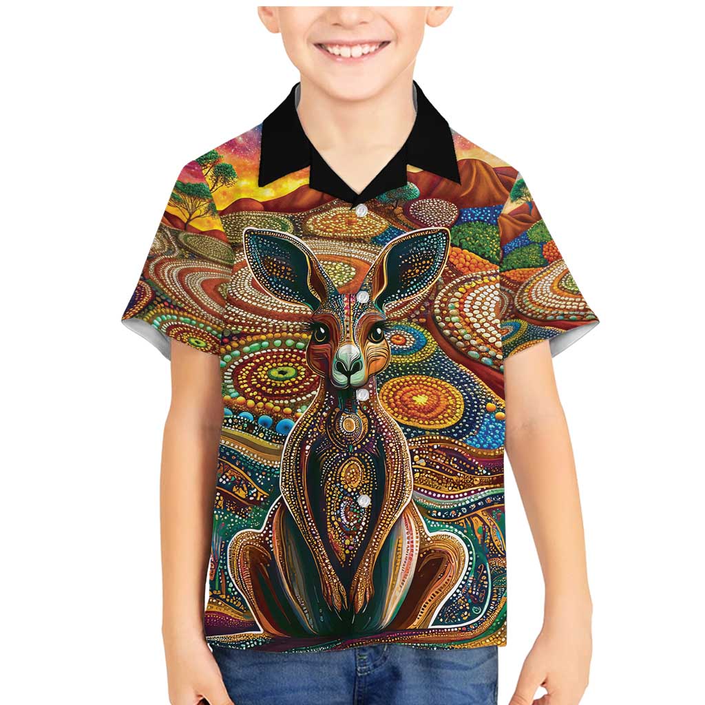 Australian Aboriginal Art Kangaroo Family Matching Mermaid Dress and Hawaiian Shirt Looking Forward Looking Blak Aboriginal Dot Painting