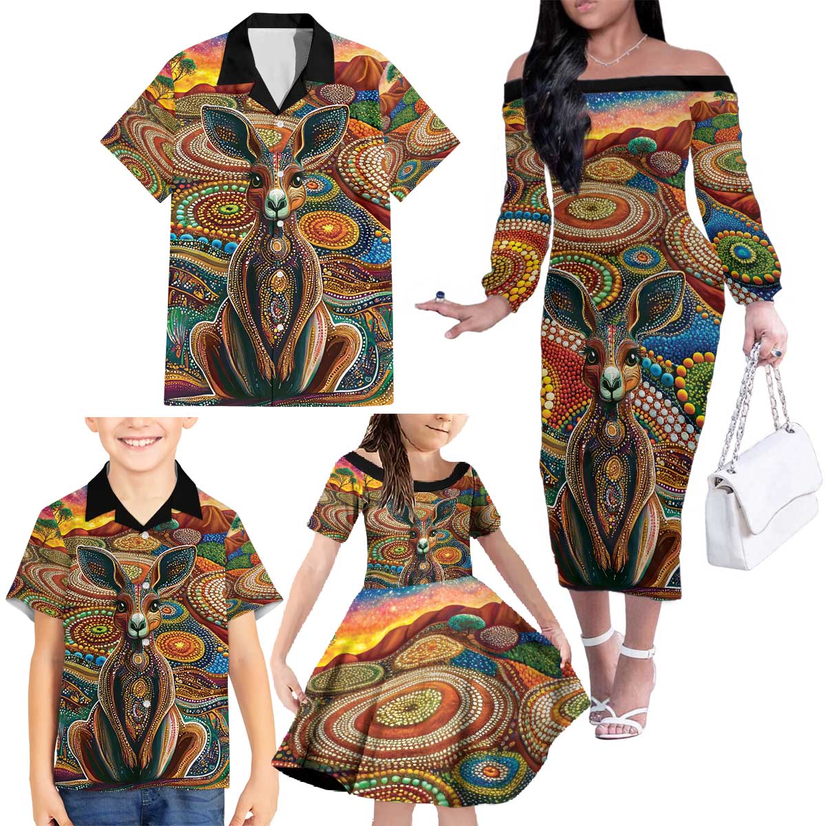 Australian Aboriginal Art Kangaroo Family Matching Off The Shoulder Long Sleeve Dress and Hawaiian Shirt Looking Forward Looking Blak Aboriginal Dot Painting