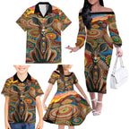 Australian Aboriginal Art Kangaroo Family Matching Off The Shoulder Long Sleeve Dress and Hawaiian Shirt Looking Forward Looking Blak Aboriginal Dot Painting