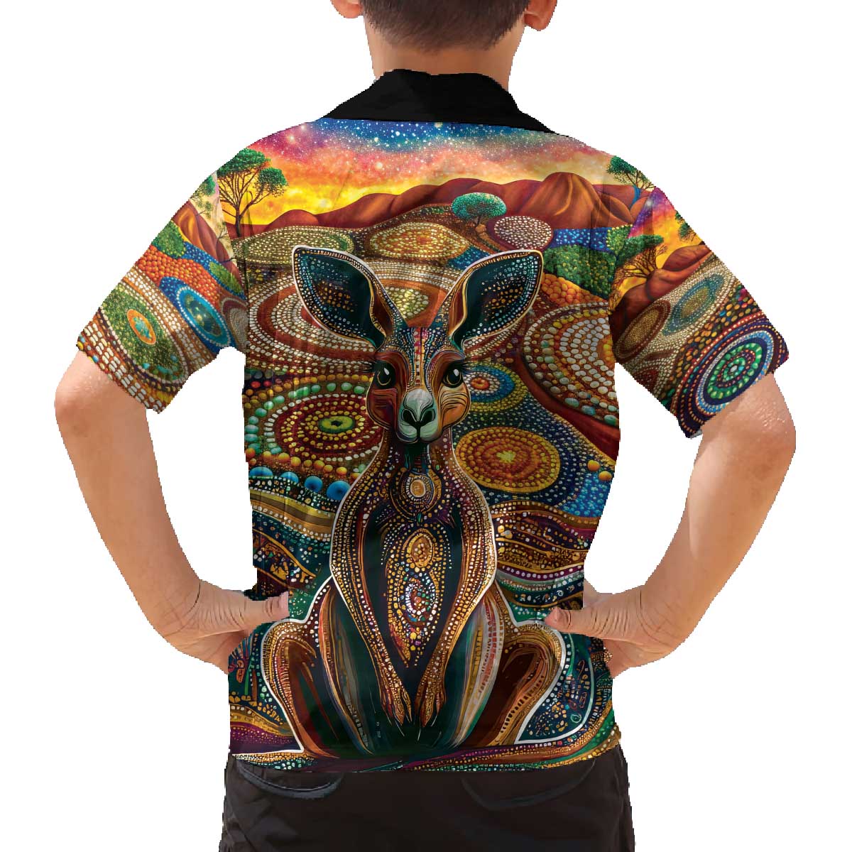 Australian Aboriginal Art Kangaroo Family Matching Off The Shoulder Long Sleeve Dress and Hawaiian Shirt Looking Forward Looking Blak Aboriginal Dot Painting