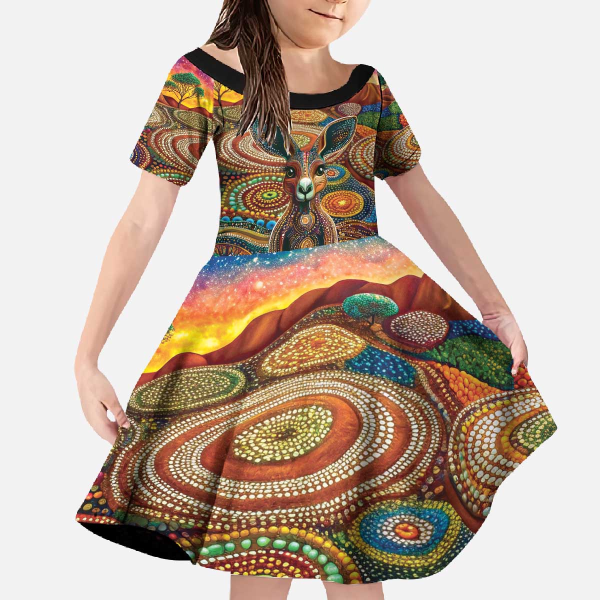 Australian Aboriginal Art Kangaroo Family Matching Off The Shoulder Long Sleeve Dress and Hawaiian Shirt Looking Forward Looking Blak Aboriginal Dot Painting