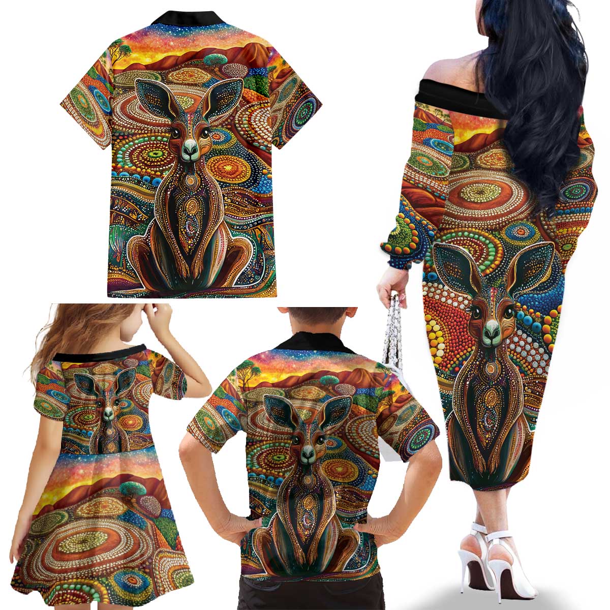 Australian Aboriginal Art Kangaroo Family Matching Off The Shoulder Long Sleeve Dress and Hawaiian Shirt Looking Forward Looking Blak Aboriginal Dot Painting