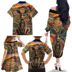 Australian Aboriginal Art Kangaroo Family Matching Off The Shoulder Long Sleeve Dress and Hawaiian Shirt Looking Forward Looking Blak Aboriginal Dot Painting
