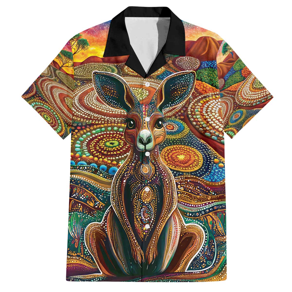 Australian Aboriginal Art Kangaroo Family Matching Off The Shoulder Long Sleeve Dress and Hawaiian Shirt Looking Forward Looking Blak Aboriginal Dot Painting