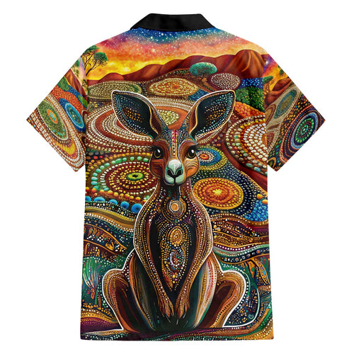 Australian Aboriginal Art Kangaroo Family Matching Off The Shoulder Long Sleeve Dress and Hawaiian Shirt Looking Forward Looking Blak Aboriginal Dot Painting
