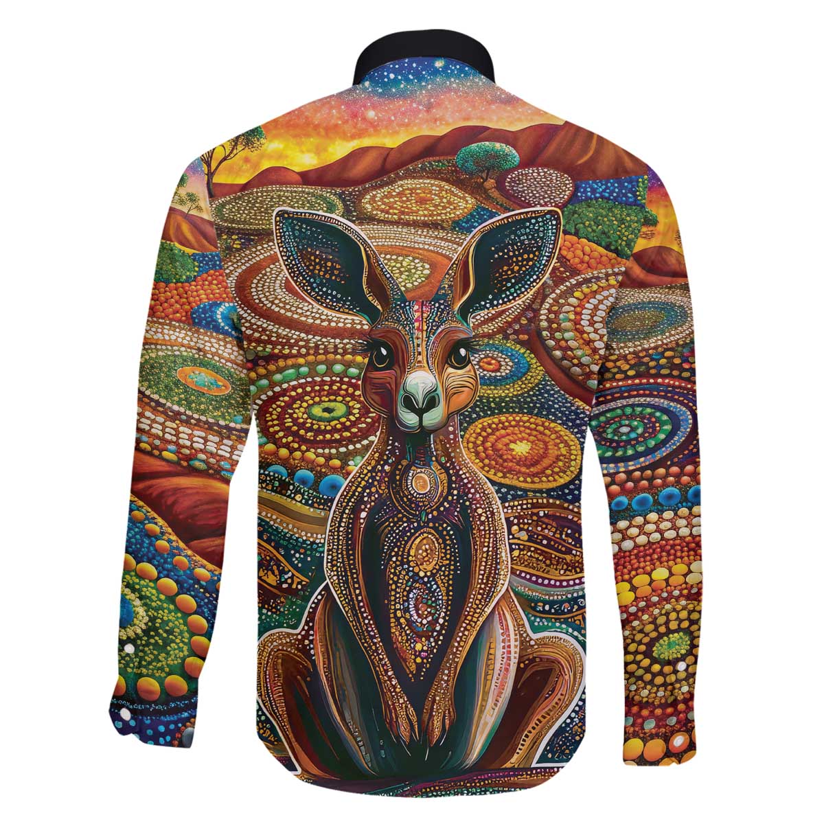 Australian Aboriginal Art Kangaroo Family Matching Off The Shoulder Long Sleeve Dress and Hawaiian Shirt Looking Forward Looking Blak Aboriginal Dot Painting
