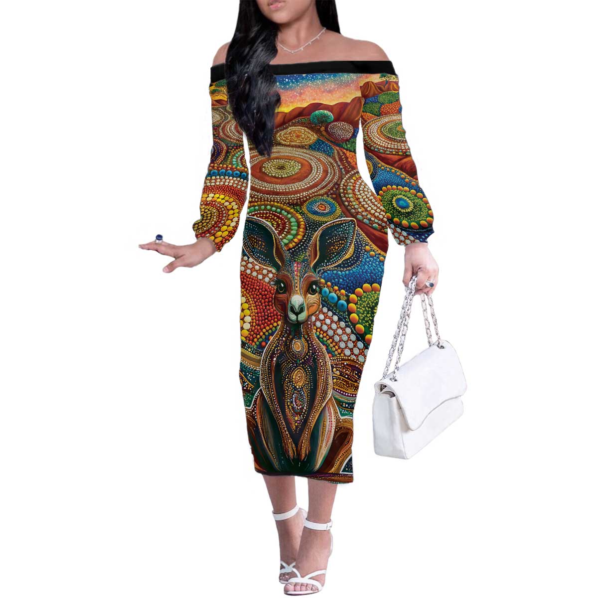 Australian Aboriginal Art Kangaroo Family Matching Off The Shoulder Long Sleeve Dress and Hawaiian Shirt Looking Forward Looking Blak Aboriginal Dot Painting