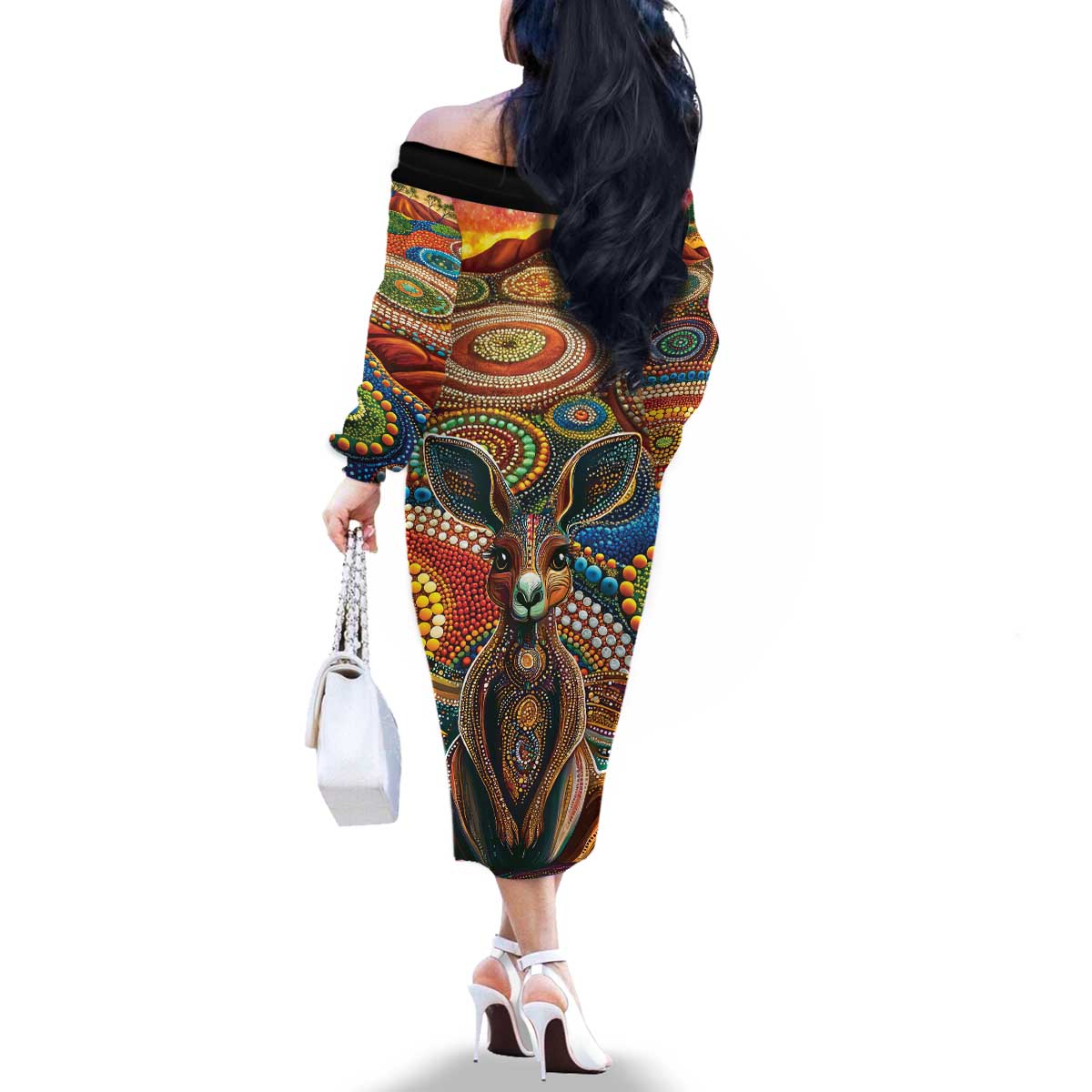 Australian Aboriginal Art Kangaroo Family Matching Off The Shoulder Long Sleeve Dress and Hawaiian Shirt Looking Forward Looking Blak Aboriginal Dot Painting