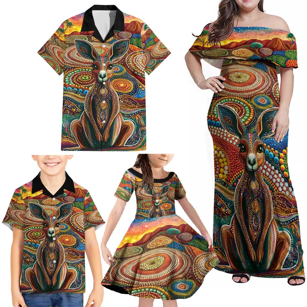 Australian Aboriginal Art Kangaroo Family Matching Off Shoulder Maxi Dress and Hawaiian Shirt Looking Forward Looking Blak Aboriginal Dot Painting
