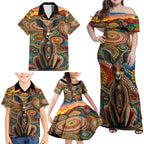 Australian Aboriginal Art Kangaroo Family Matching Off Shoulder Maxi Dress and Hawaiian Shirt Looking Forward Looking Blak Aboriginal Dot Painting