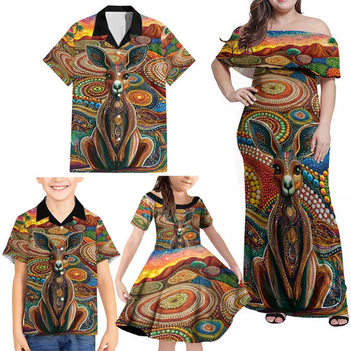 Australian Aboriginal Art Kangaroo Family Matching Off Shoulder Maxi Dress and Hawaiian Shirt Looking Forward Looking Blak Aboriginal Dot Painting