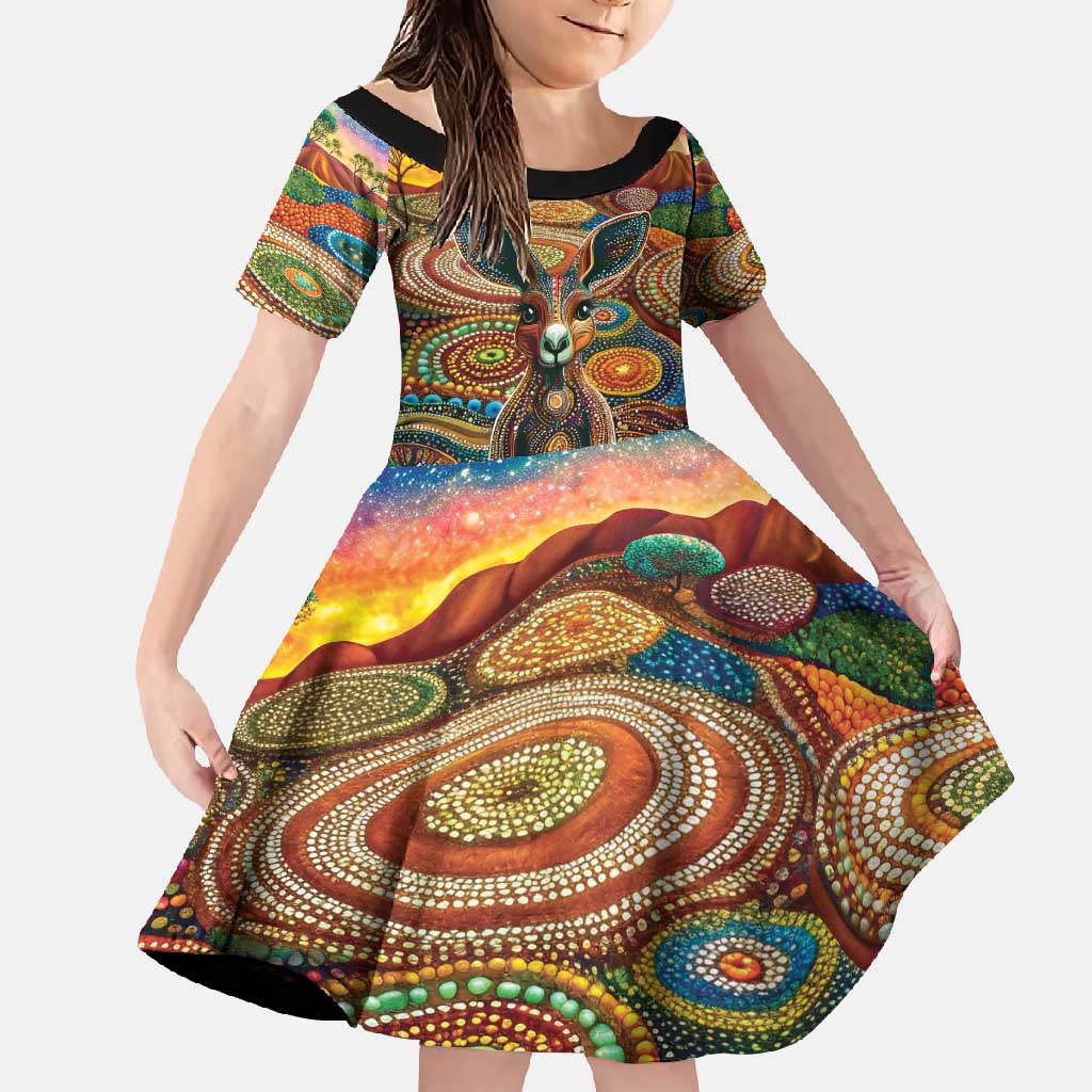 Australian Aboriginal Art Kangaroo Family Matching Off Shoulder Maxi Dress and Hawaiian Shirt Looking Forward Looking Blak Aboriginal Dot Painting