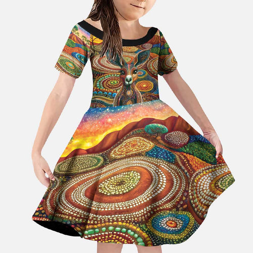 Australian Aboriginal Art Kangaroo Family Matching Off Shoulder Maxi Dress and Hawaiian Shirt Looking Forward Looking Blak Aboriginal Dot Painting