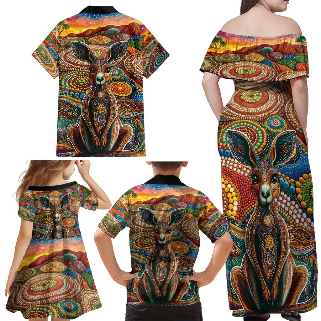 Australian Aboriginal Art Kangaroo Family Matching Off Shoulder Maxi Dress and Hawaiian Shirt Looking Forward Looking Blak Aboriginal Dot Painting