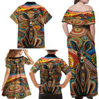 Australian Aboriginal Art Kangaroo Family Matching Off Shoulder Maxi Dress and Hawaiian Shirt Looking Forward Looking Blak Aboriginal Dot Painting