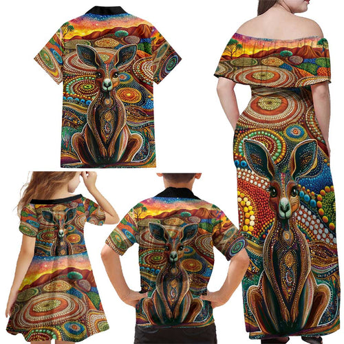Australian Aboriginal Art Kangaroo Family Matching Off Shoulder Maxi Dress and Hawaiian Shirt Looking Forward Looking Blak Aboriginal Dot Painting