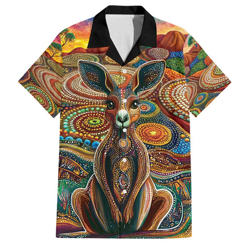 Australian Aboriginal Art Kangaroo Family Matching Off Shoulder Maxi Dress and Hawaiian Shirt Looking Forward Looking Blak Aboriginal Dot Painting