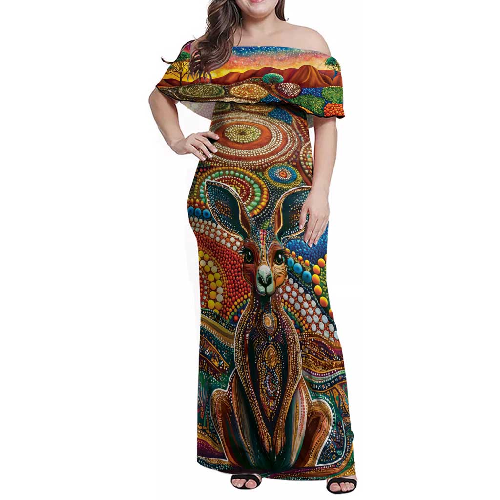 Australian Aboriginal Art Kangaroo Family Matching Off Shoulder Maxi Dress and Hawaiian Shirt Looking Forward Looking Blak Aboriginal Dot Painting