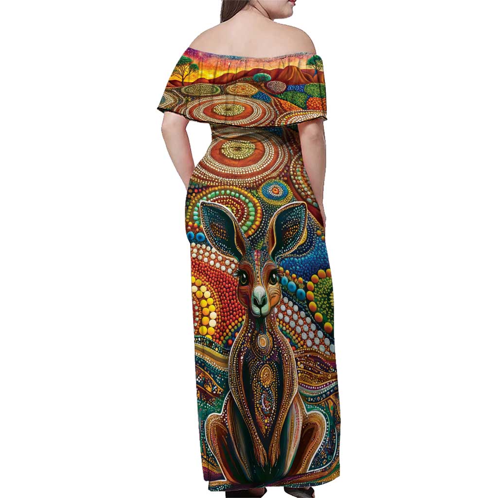 Australian Aboriginal Art Kangaroo Family Matching Off Shoulder Maxi Dress and Hawaiian Shirt Looking Forward Looking Blak Aboriginal Dot Painting