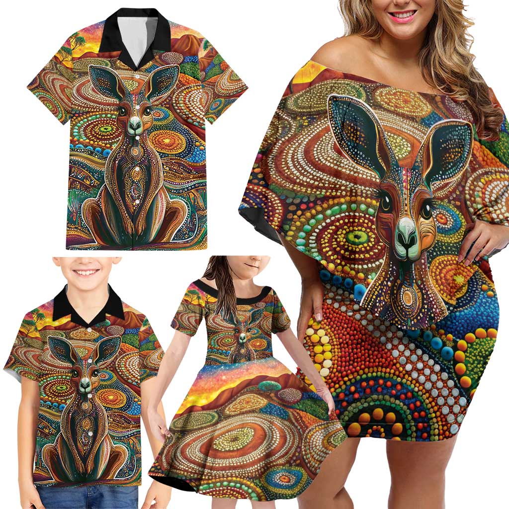 Australian Aboriginal Art Kangaroo Family Matching Off Shoulder Short Dress and Hawaiian Shirt Looking Forward Looking Blak Aboriginal Dot Painting