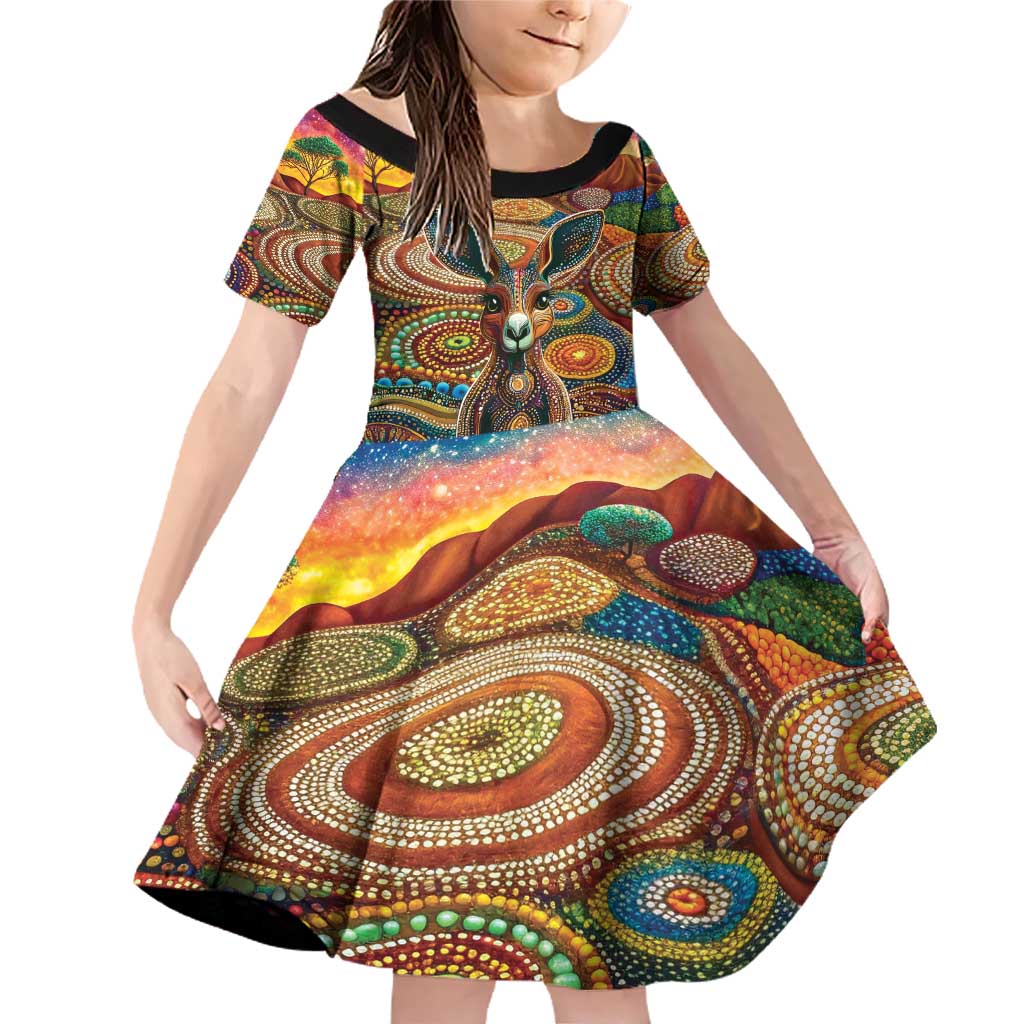 Australian Aboriginal Art Kangaroo Family Matching Off Shoulder Short Dress and Hawaiian Shirt Looking Forward Looking Blak Aboriginal Dot Painting