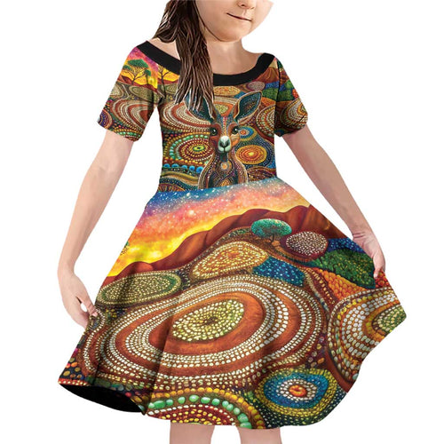 Australian Aboriginal Art Kangaroo Family Matching Off Shoulder Short Dress and Hawaiian Shirt Looking Forward Looking Blak Aboriginal Dot Painting