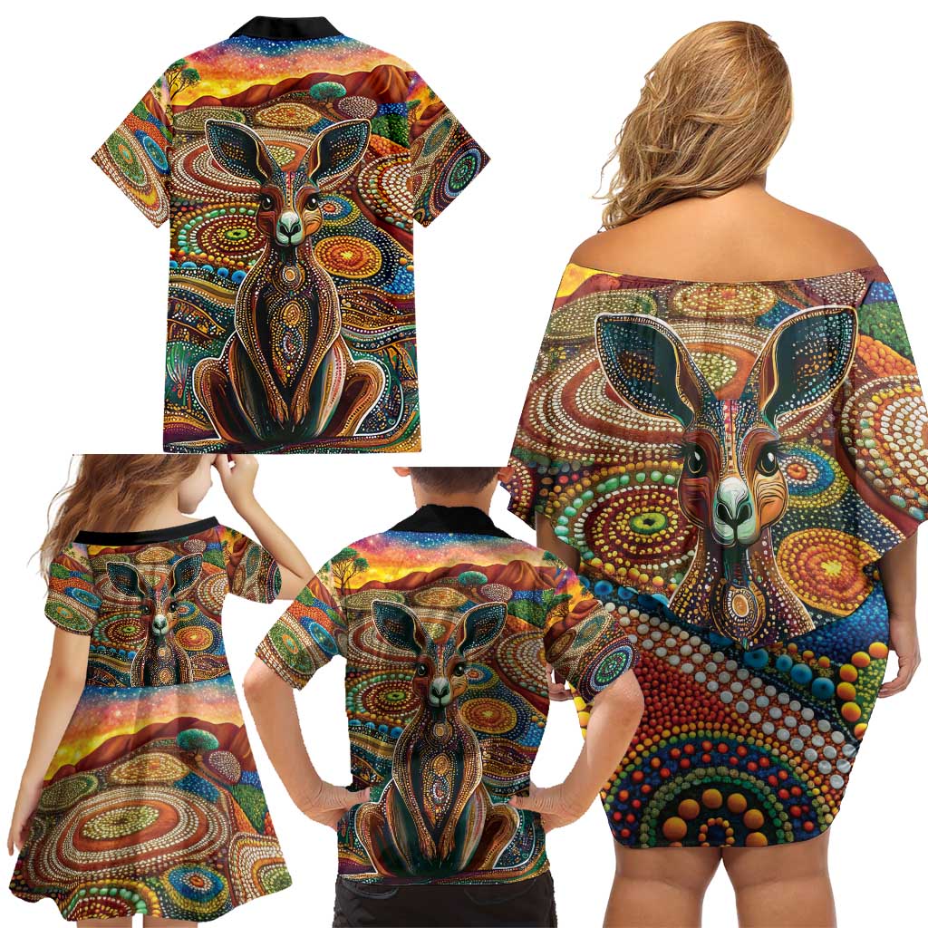 Australian Aboriginal Art Kangaroo Family Matching Off Shoulder Short Dress and Hawaiian Shirt Looking Forward Looking Blak Aboriginal Dot Painting