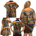 Australian Aboriginal Art Kangaroo Family Matching Off Shoulder Short Dress and Hawaiian Shirt Looking Forward Looking Blak Aboriginal Dot Painting