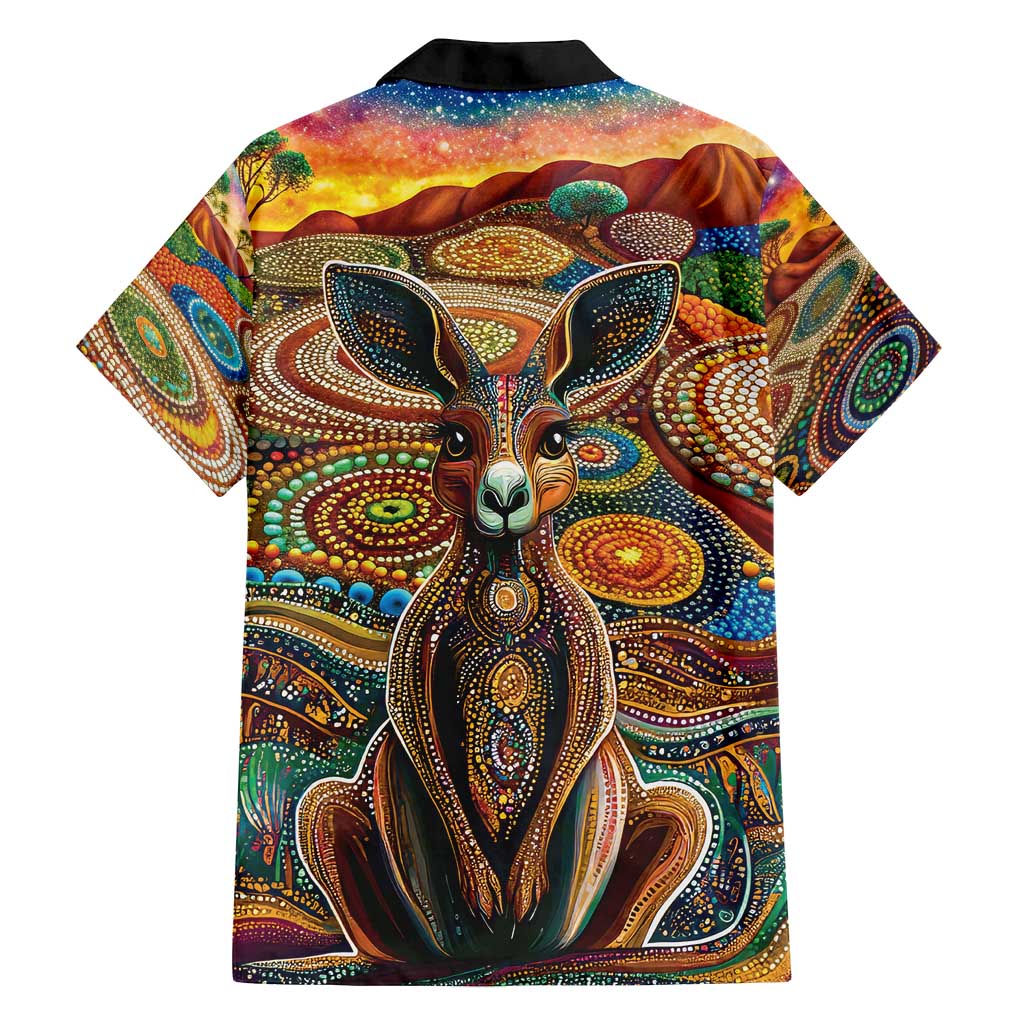 Australian Aboriginal Art Kangaroo Family Matching Off Shoulder Short Dress and Hawaiian Shirt Looking Forward Looking Blak Aboriginal Dot Painting