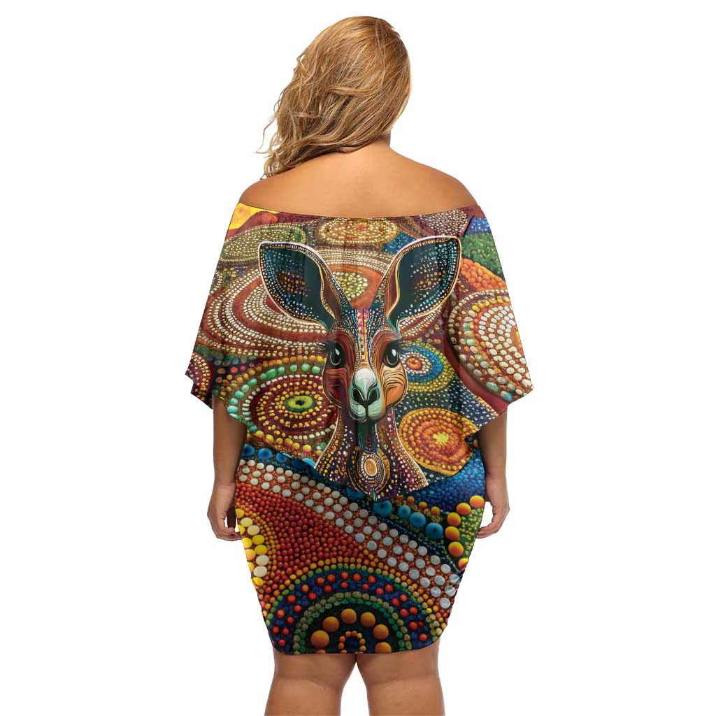 Australian Aboriginal Art Kangaroo Family Matching Off Shoulder Short Dress and Hawaiian Shirt Looking Forward Looking Blak Aboriginal Dot Painting