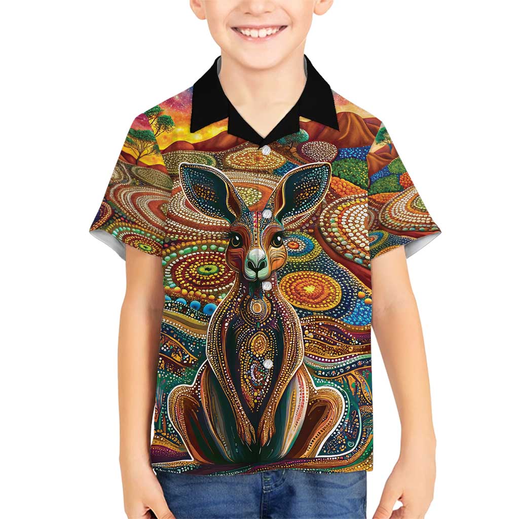 Australian Aboriginal Art Kangaroo Family Matching Off Shoulder Short Dress and Hawaiian Shirt Looking Forward Looking Blak Aboriginal Dot Painting