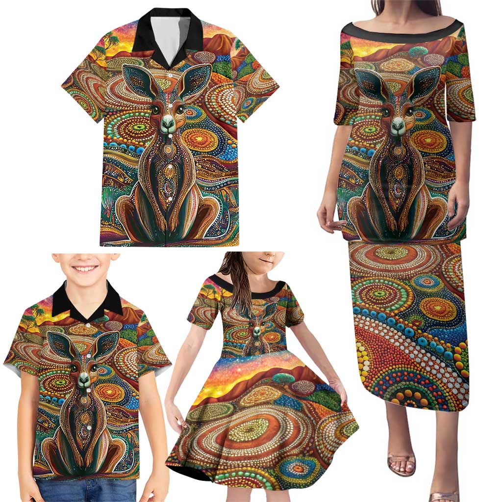 Australian Aboriginal Art Kangaroo Family Matching Puletasi and Hawaiian Shirt Looking Forward Looking Blak Aboriginal Dot Painting